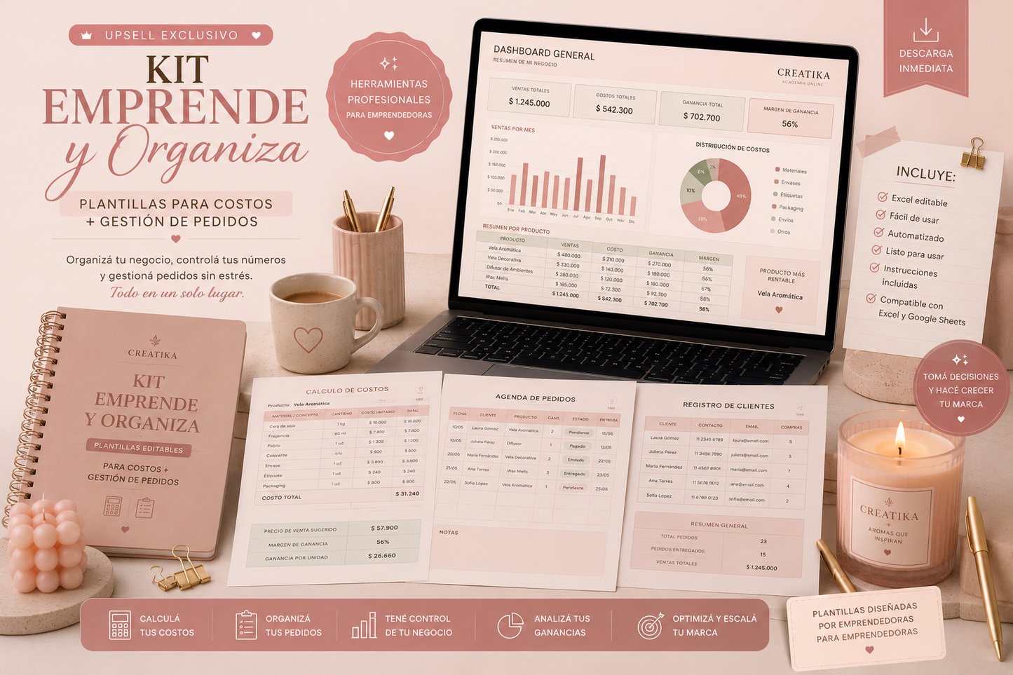 ✨ Kit Emprende y Organiza: Plantillas para costos + gestión de pedidos